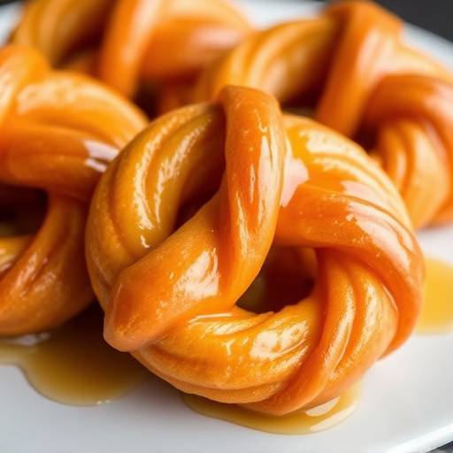 A batch of golden-brown Koeksisters glistening with syrup, twisted into their distinctive shape.