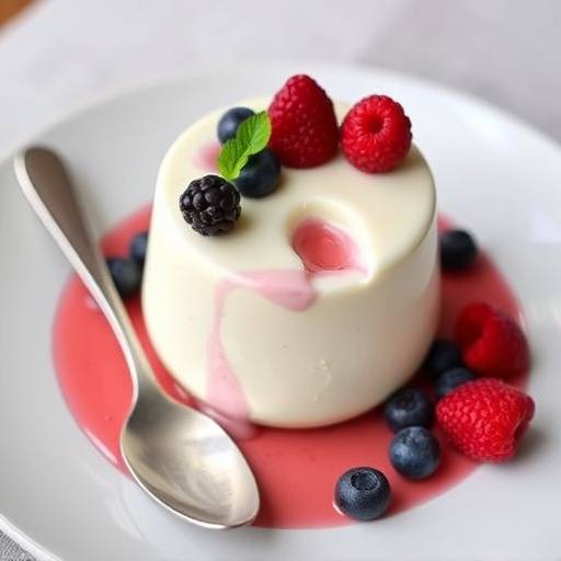 A creamy Panna Cotta dessert infused with Rooibos tea, garnished with fresh berries