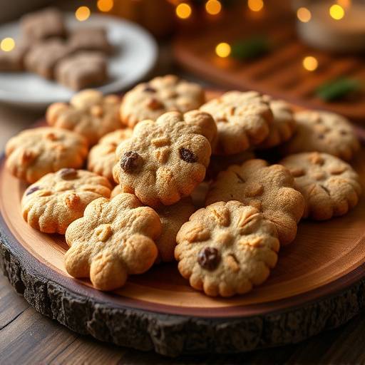 A delightful assortment of South African cookies, including Hertzoggies and shortbread, arranged on a wooden platter.