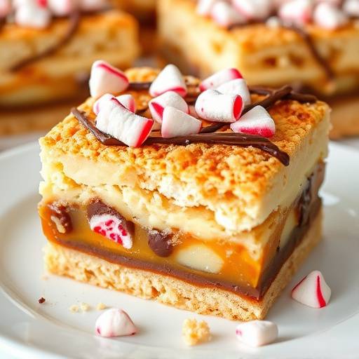 A slice of Peppermint Crisp Tart on a plate, showing layers of tennis biscuits, caramel treat, and grated Peppermint Crisp chocolate.