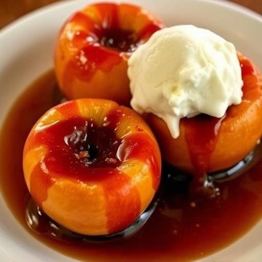 Baked apples with a glossy chutney glaze, served warm with ice cream