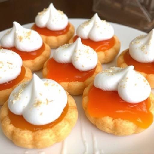 Close-up of colourful Hertzoggies pastries on a plate, filled with apricot jam and coconut meringue.